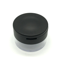 Empty round clear plastic loose powder container with black flip lid cosmetic makeup container with sifter
